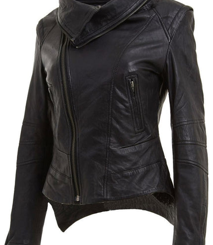 Womens Detachable Collar Leather Biker Jacket-Rosario