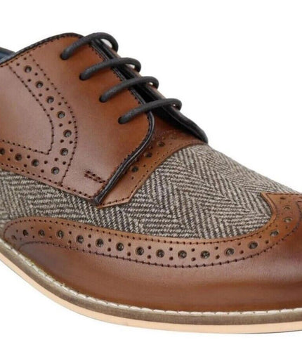 Mens Classic Oxford Tweed Brogue Derby Shoes In Tan Leather