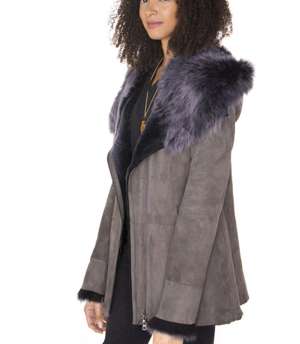 Womens Grey Suede Hooded Merino Sheepskin Coat-Monrovia