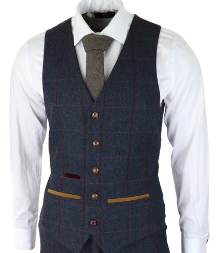 Mens Herringbone Tweed Suit 3 Piece Navy Blue Peaky Blinders 1920s Tailored Fit