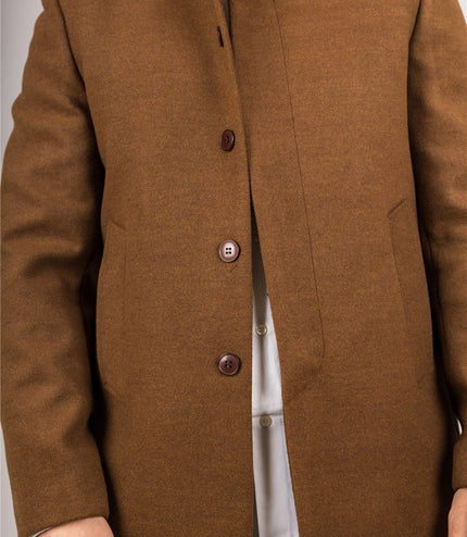 Men's Brown Stand Collar Wool Blend Overcoat