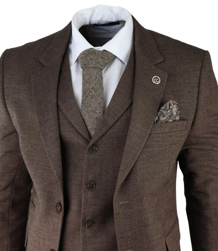 Mens Brown 3 Piece Tweed Herringbone Suit Peaky Blinders Classic Tailored