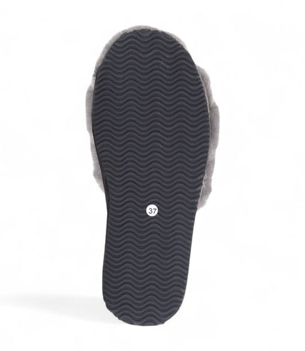 Women's Sheepskin Slippers Grey Warm Winter Fur Sliders - Nordic
