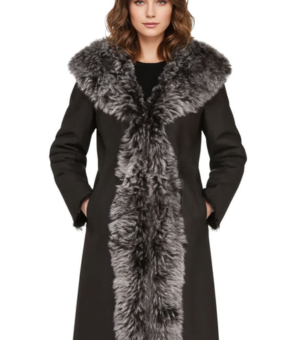 Womens Black Toscana Sheepskin Leather Hooded Trench Coat - Coast