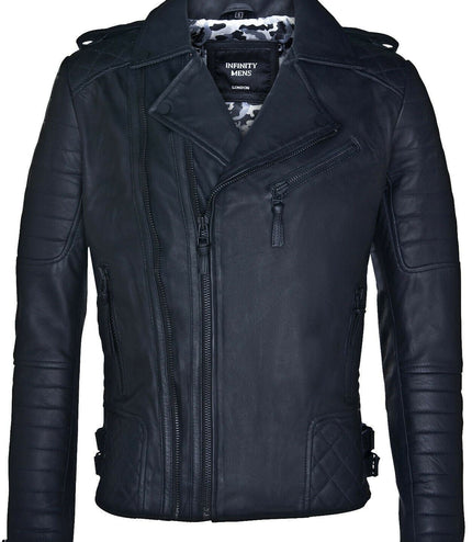 Mens Slim-Fit Double Zip Brando Leather Biker Jacket-Cairo - Black