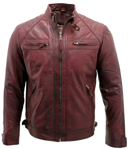 Men's Vintage Leather Quilted Biker Jacket-Monaco - Burgundy