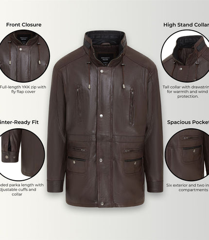 Mens Soft Italian Leather Parka Coat-Winnipeg - Brown