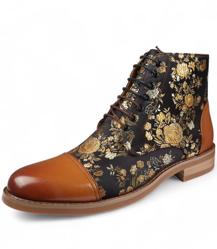 Justin Reess Men's Brown Floral Print Leather Oxford Ankle Boots - Adam