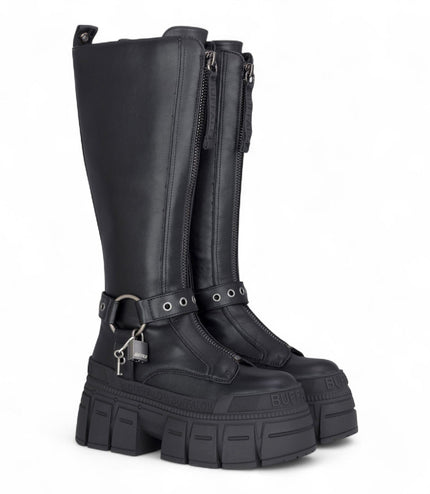Buffalo Womens Biker Knee High Black Chunky Goth Platform Boots - Gospher Hi