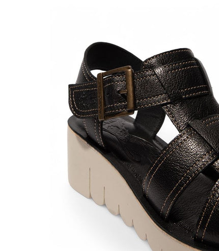 Fly London Women's Yudd236Fly Black Mousse Leather Wedge Sandals
