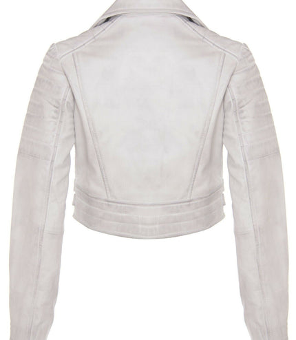 Womens Cropped Brando Leather Biker Jacket-Damascus - White