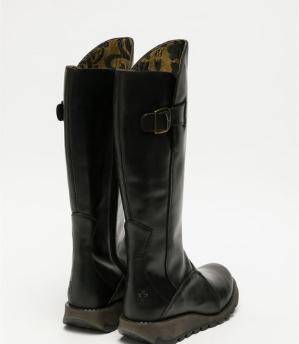 Fly London Womens Black Mol 2 Leather Wedge Heel Knee High Zip Up Boots