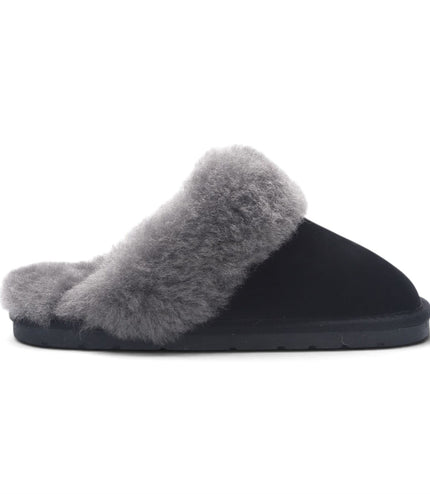 Women's Genuine Sheepskin Black Suede Mule Winter Slippers - Luna