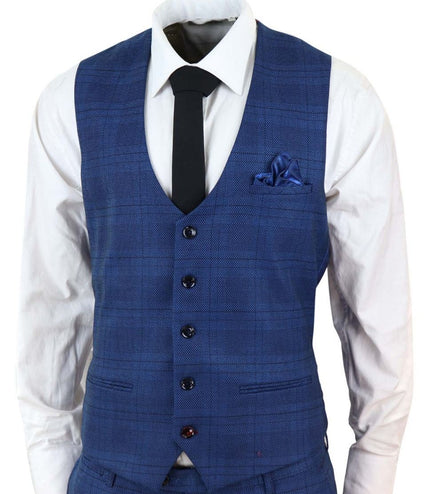 Mens 3 Piece Blue Birdseye Check Classic Suit