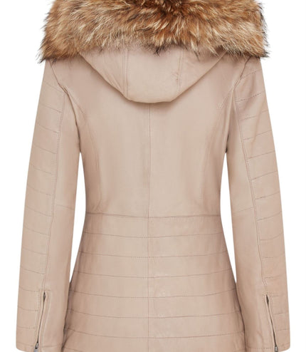 Womens Slim Fit Leather Hooded Parka Jacket-Northam - Beige