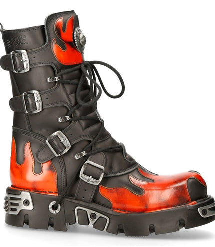 New Rock 591-S1 black leather mid-calf boot with red flame overlay side profile