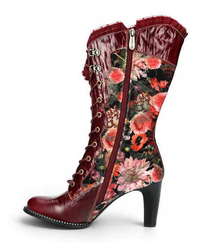 Laura Vita Floral Womens Goth Victorian Red Leather Heeled High Boots - Alcbane-351