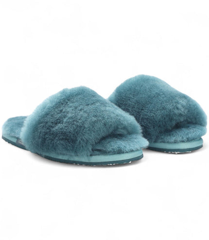 Women's Sheepskin Slippers Teal Warm Winter Fur Sliders - Nordic