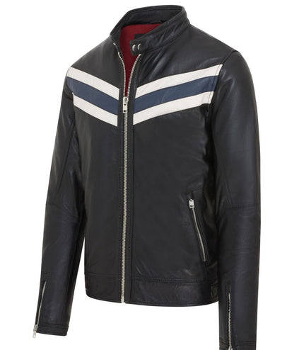 Men's Black Striped CafÃ© Racer Biker Leather Motorcycle Jacket - Black/Blue
