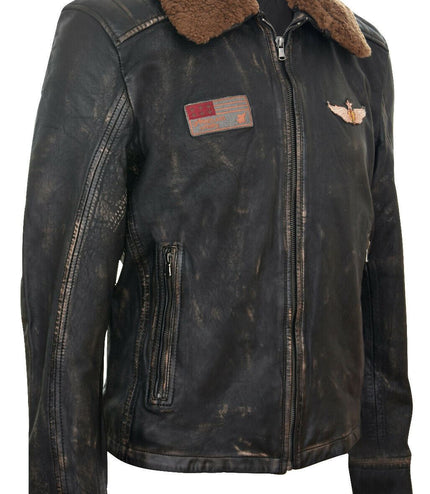 Mens Badged Vintage Black Leather Bomber Jacket-Tunis