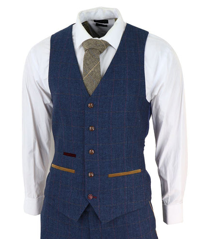 Mens Blue Tweed Check 3-Piece Suit