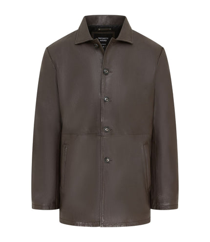 Men's Brown Leather Long Collared Car Coat Jacket - Berry