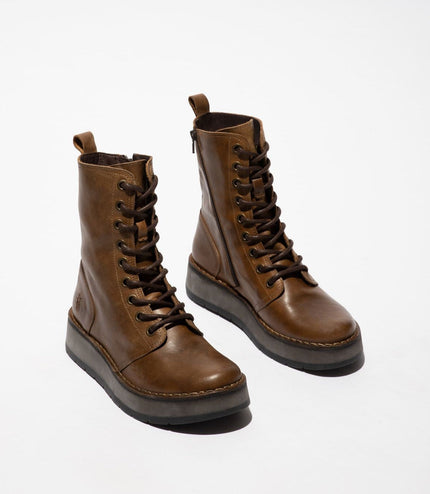 Fly London Womens Tan Rami043 Casual Leather Lace-Up Ankle Dress Boots