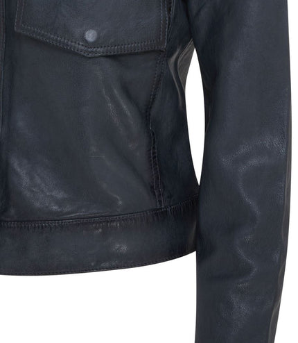 Womens Vintage Classic Lamb Leather Collared Biker Jacket - Navy