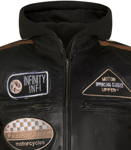 Mens Racing Hooded Leather Biker Jacket-Detroit - Black
