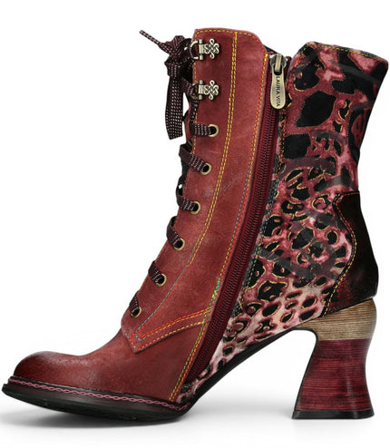 Laura Vita Women's Goth Victorian Floral Wine Leather Lace-Up Heeled Boots - Eleao-42
