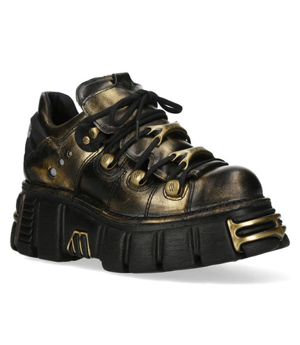 New Rock Golden Black Leather Gothic Platform Ankle Boots - M-120N-C21