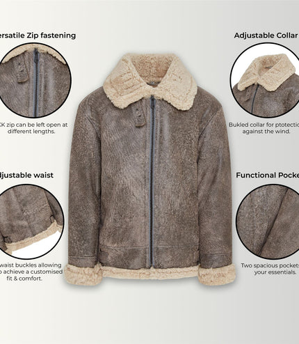 Mens B3 WW2 Sheepskin Leather Flying Aviator Jacket-Houston - Grey