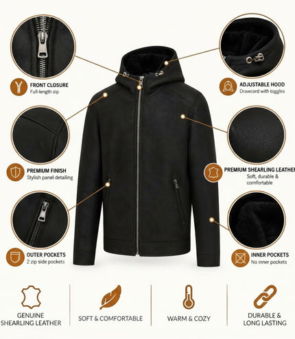 Mens Black Sheepksin Hooded Shearling Bomber Jacket - Benalla
