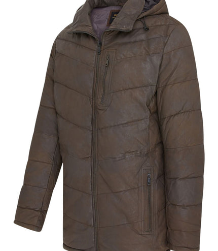 Men's Brown Leather Quilted Jacket Hooded Puffer Winter Coat - Olyic