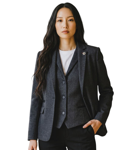 Women's Black Herringbone Wool Tweed Blazer Waistcoat 2 Piece Set - WS-1