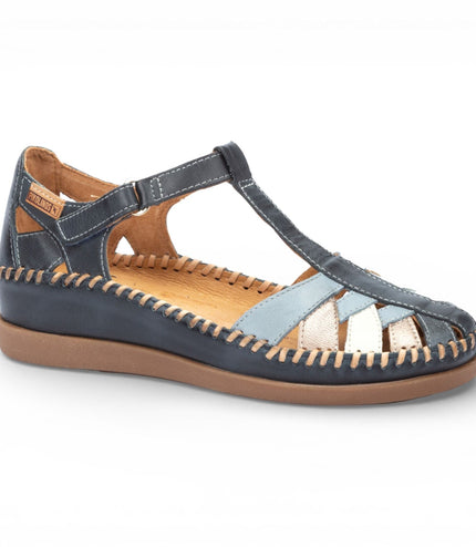 Pikolinos Women's Ocean Blue Leather Semi-Open Wedge Sandal Shoes - Cadaques
