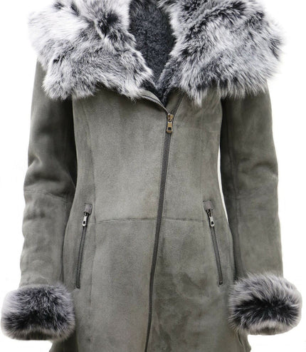 Womens Grey Suede Hooded Merino Sheepskin Coat-Monrovia