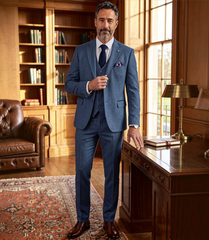 Men's Blue 3 Piece Tweed Herringbone Formal Suit -  IM4