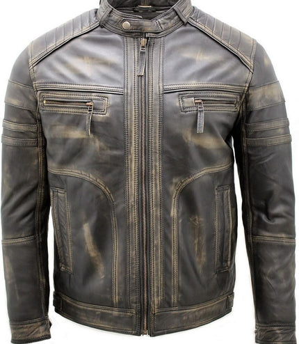 Men's Vintage Black Leather Biker Jacket-Naples - Vintage Black