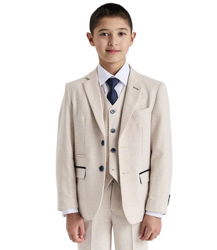Boys Cream 3 Piece Check Formal Suit - Regent