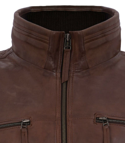 Mens Classic Leather Biker Jacket-Caracas - Brown