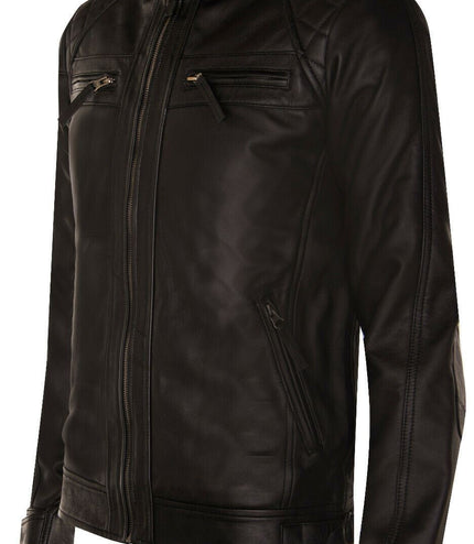 Men's Vintage Leather Quilted Biker Jacket-Monaco - Black