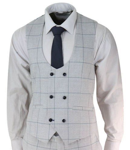 Mens 3 Piece Light Grey Check Tweed Vintage Retro Classic Suit