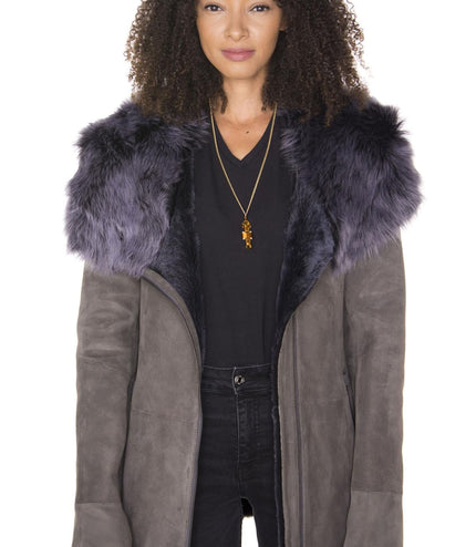 Womens Grey Suede Hooded Merino Sheepskin Coat-Monrovia