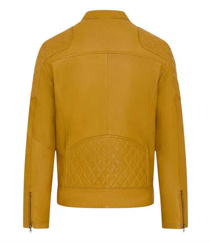 Mens Yellow Leather Quilted Shoulder Biker Jacket - Rock