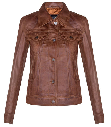 Womens Leather Trucker Jeans Jacket-Anderlecht - Tan