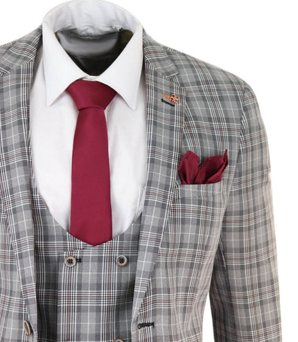 Mens 3 Piece Grey Check Retro Vintage Classic Suit