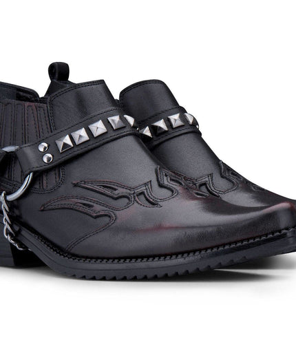 Men'S Black Leather Winklepicker Studded Western Biker Boots