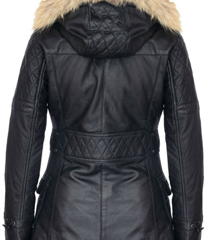 Womens Quilted Leather Parka Jacket-Brussels - Black