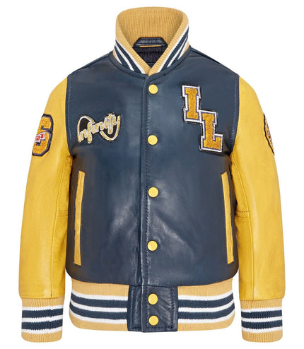 Kids Blue Letterman Leather Varsity College Bomber Jacket